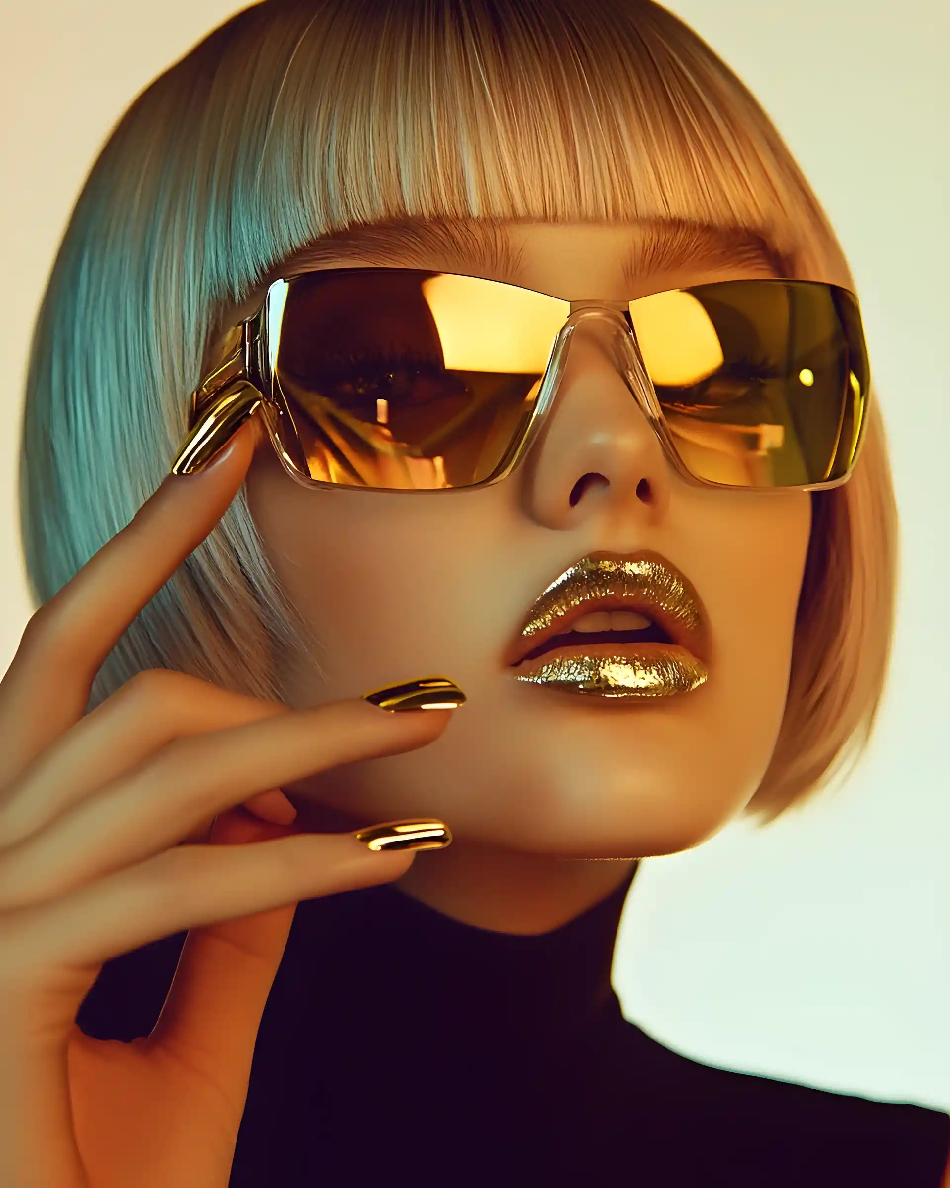 Close up of stylish woman with platinum bob and gold makeup