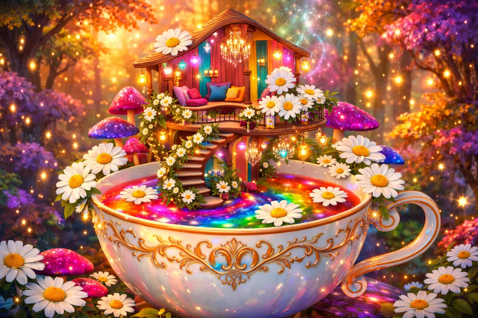 Whimsical treehouse in a glowing teacup forest dream