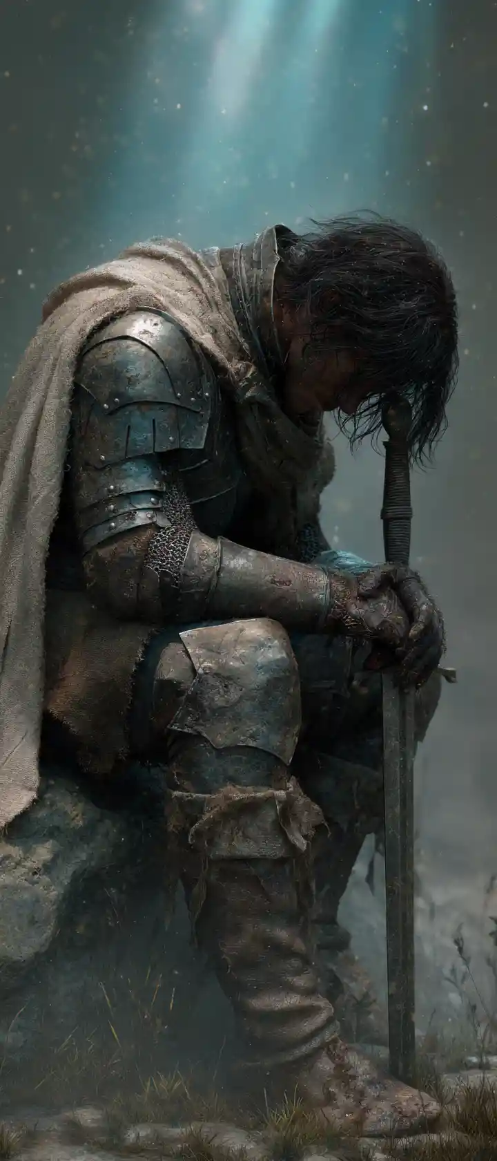 Weary medieval warrior resting on a moonlit battlefield