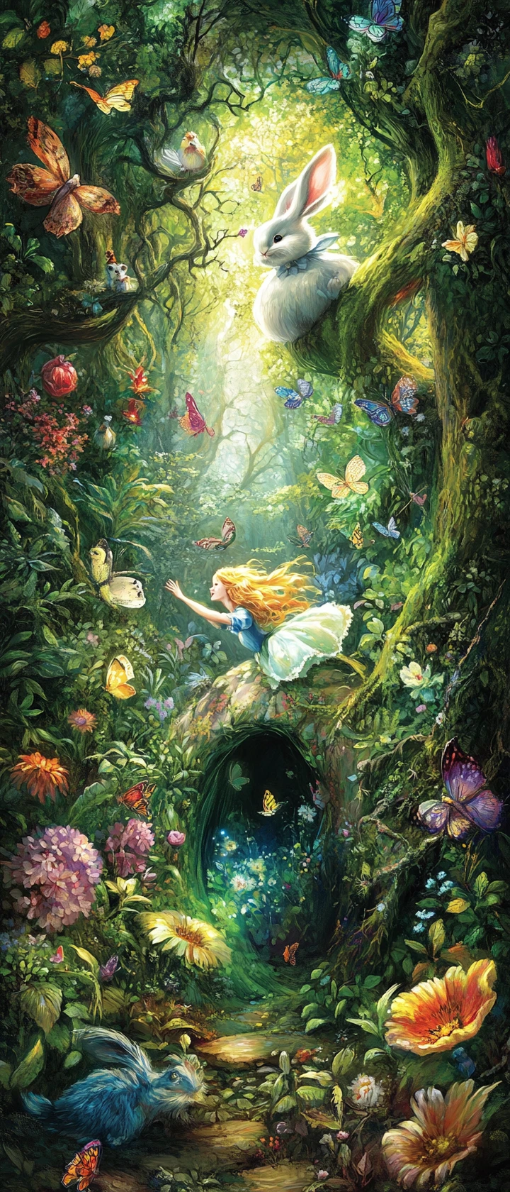 Alice falling through a lush rabbit hole into fantasy