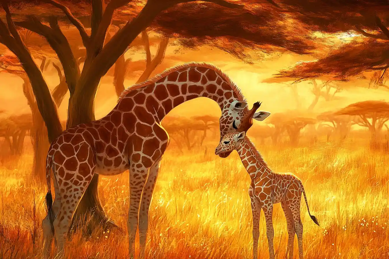 Baby giraffe cuddling beside its mother at sunset