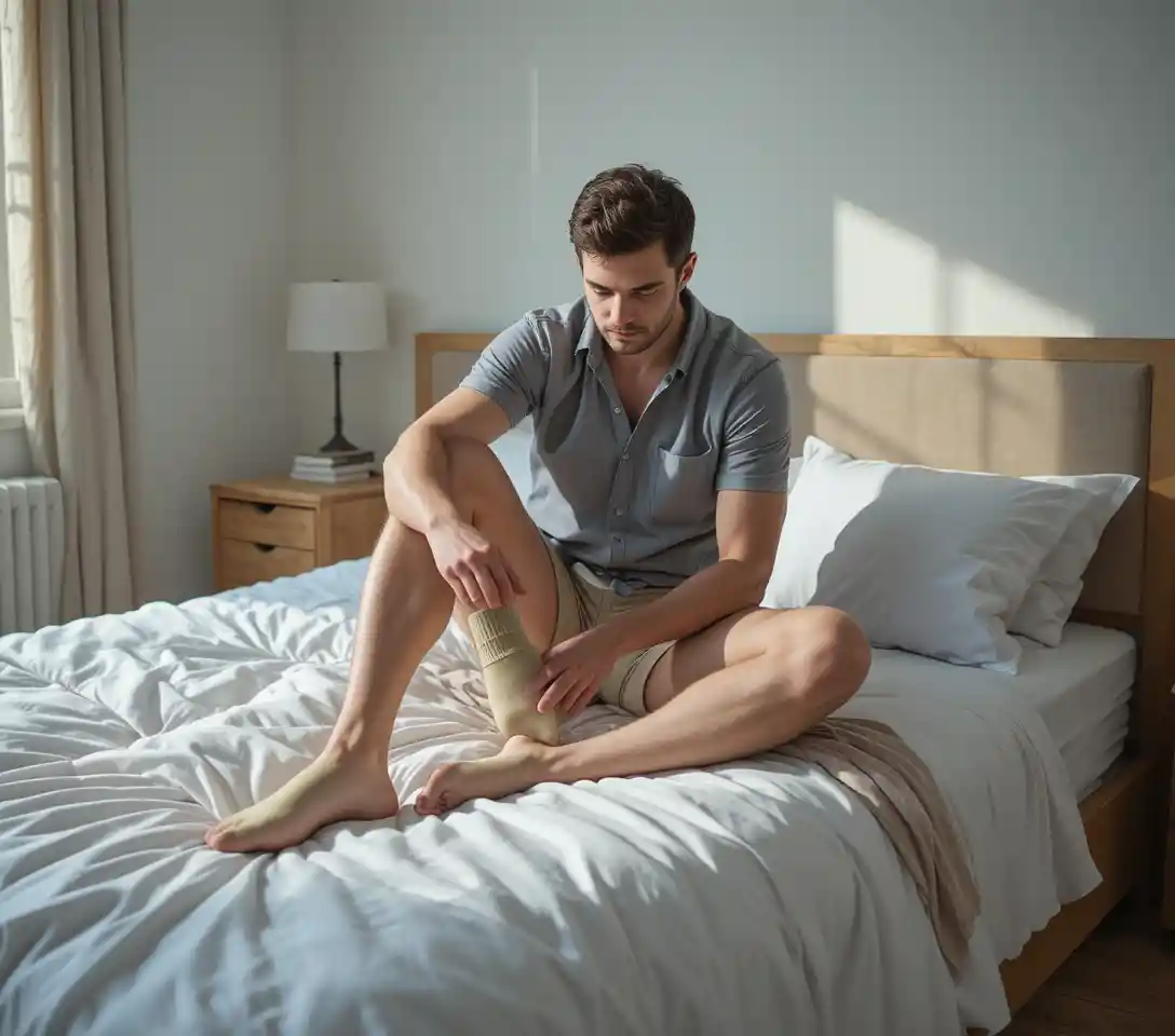 Man putting on beige sock at the edge of bed