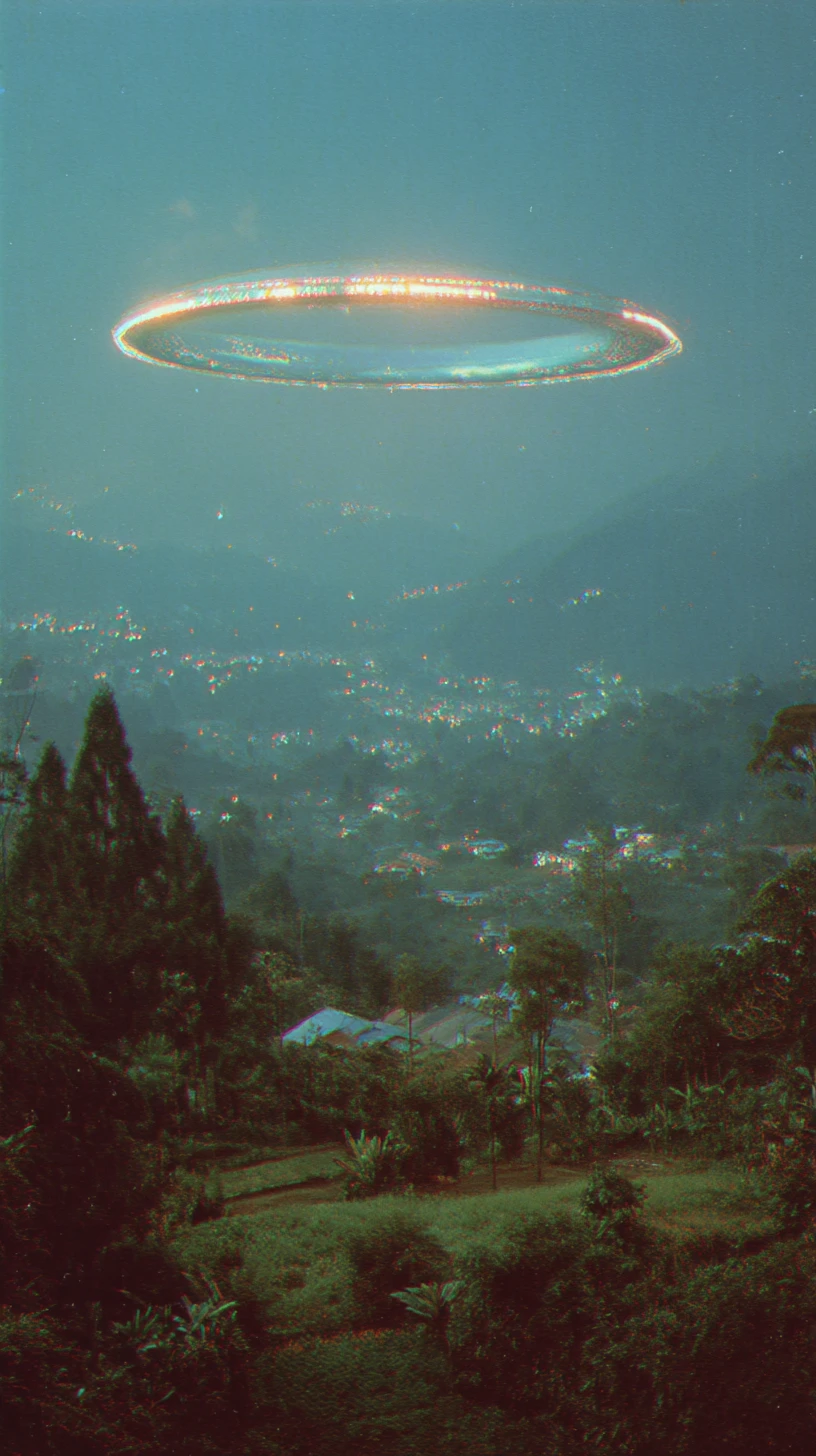 Shapeshifting ufo hovering over lush alien like forest canopy
