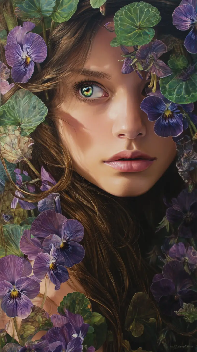 Surreal woman with dual colored eyes rising from violets