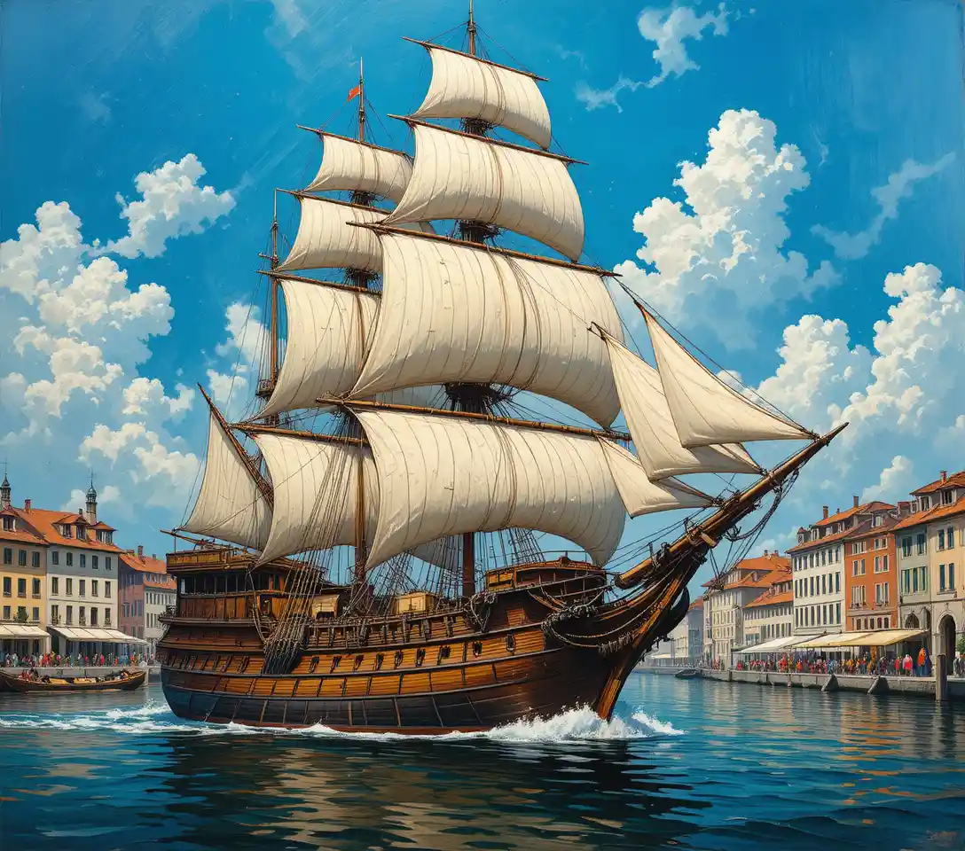 Majestic seventeenth century sailing ship near a renaissance harbor