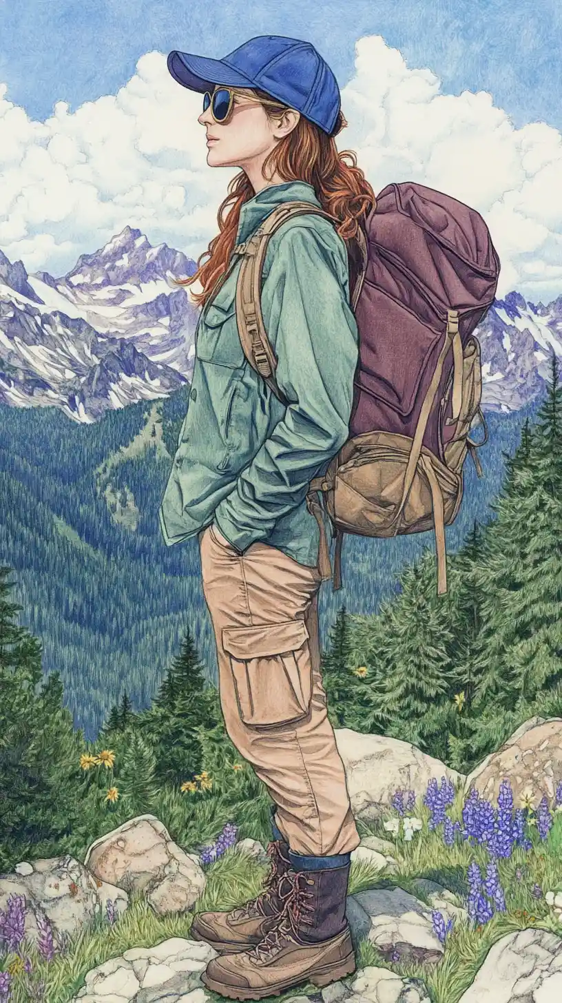 遠くの山並みを背に横顔を見せる若い女性ハイカー