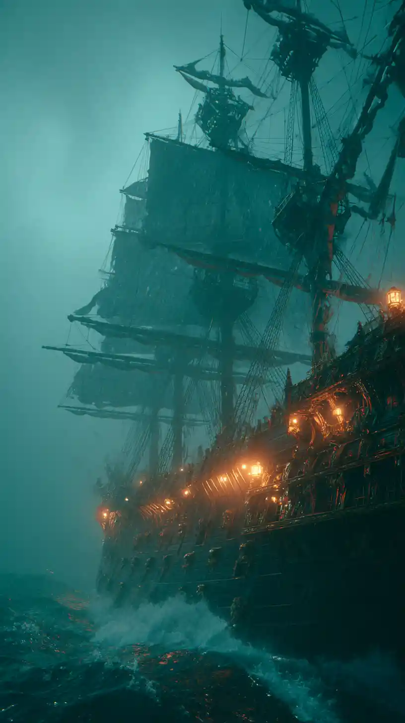 Ghost pirate ship battling stormy seas under cosmic sky