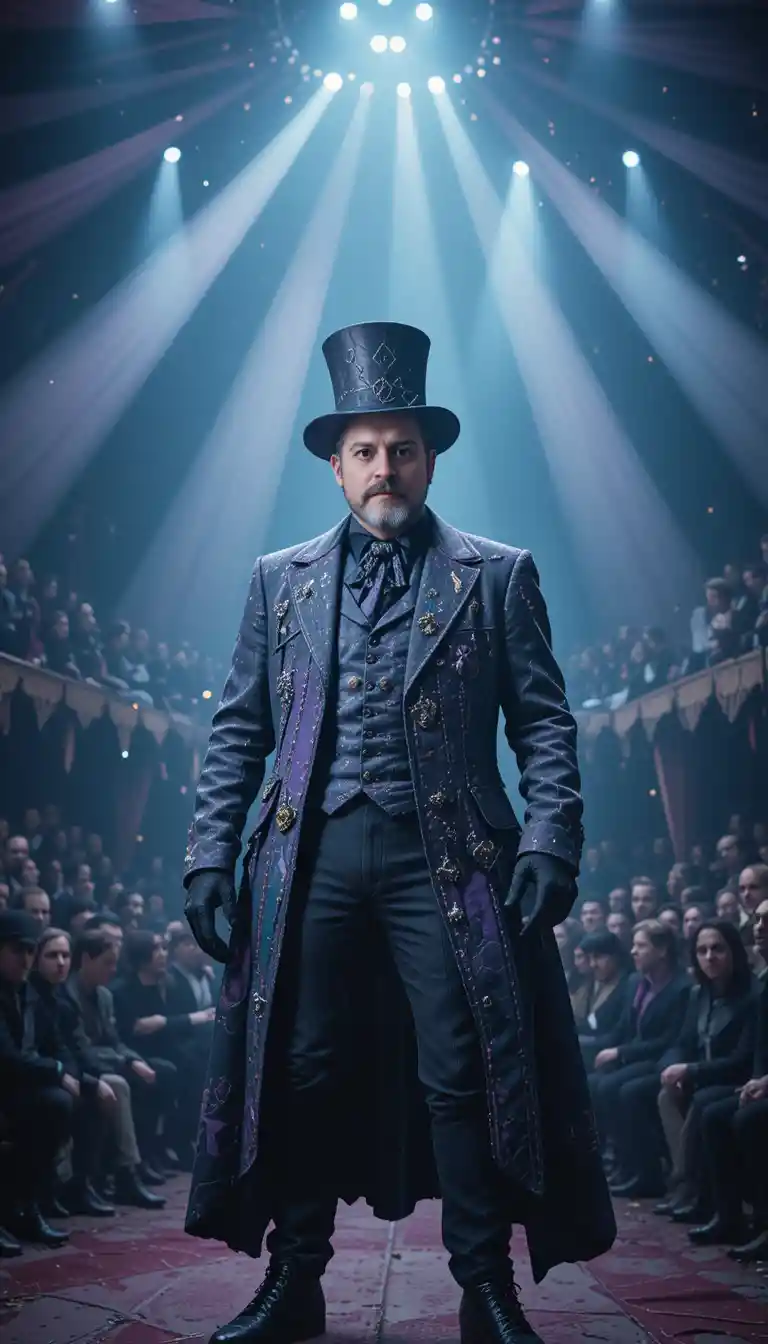 Dark ringmaster in a gothic circus big top crowd
