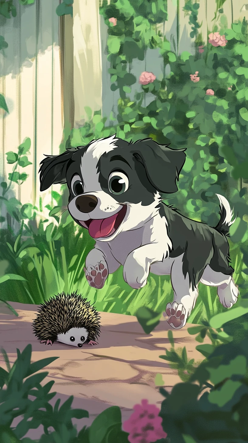 明るい庭でハリネズミを追いかける遊び好きな子犬