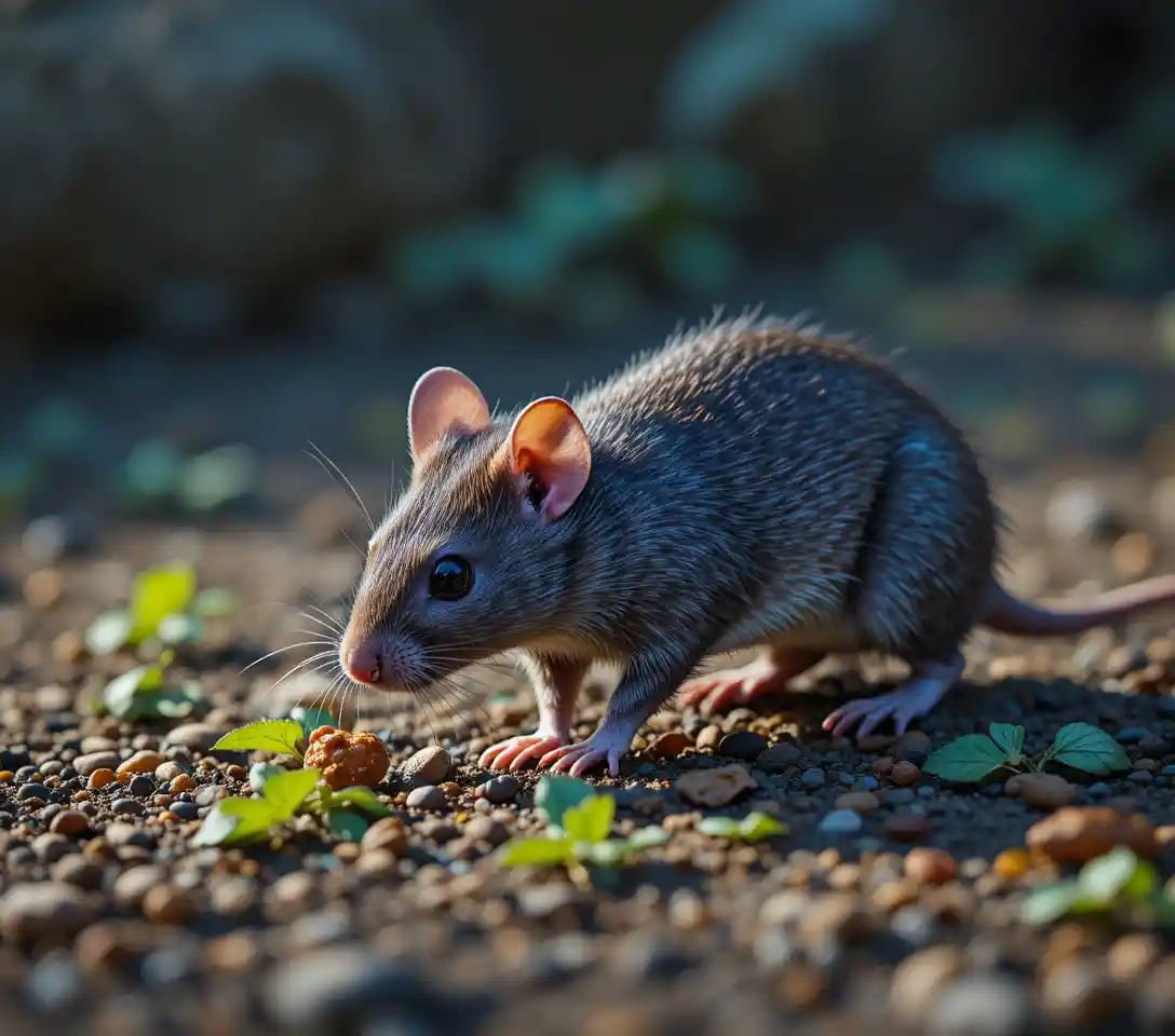 Close up brown rat searching for food on forest floor