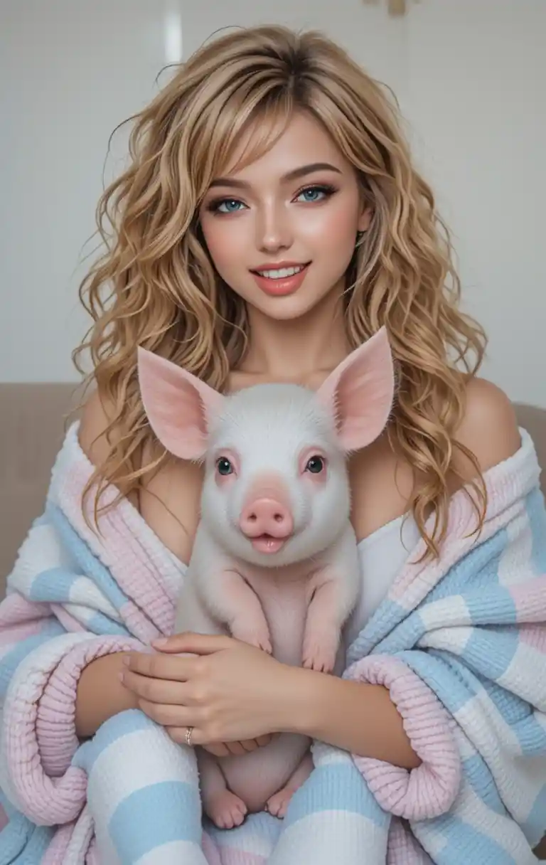 Smiling blonde woman cuddling a small pig in a blanket