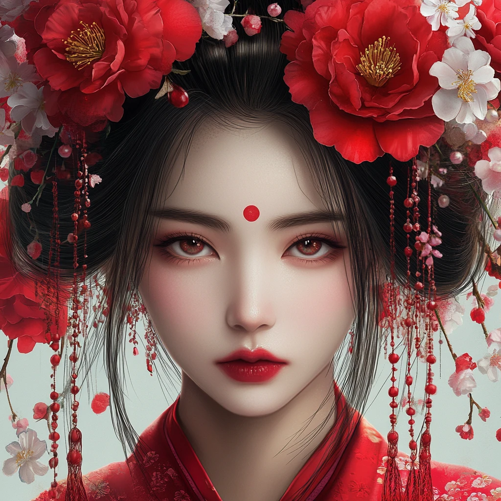 Ritratto di geisha in stile anime con corona floreale di camelie rosse