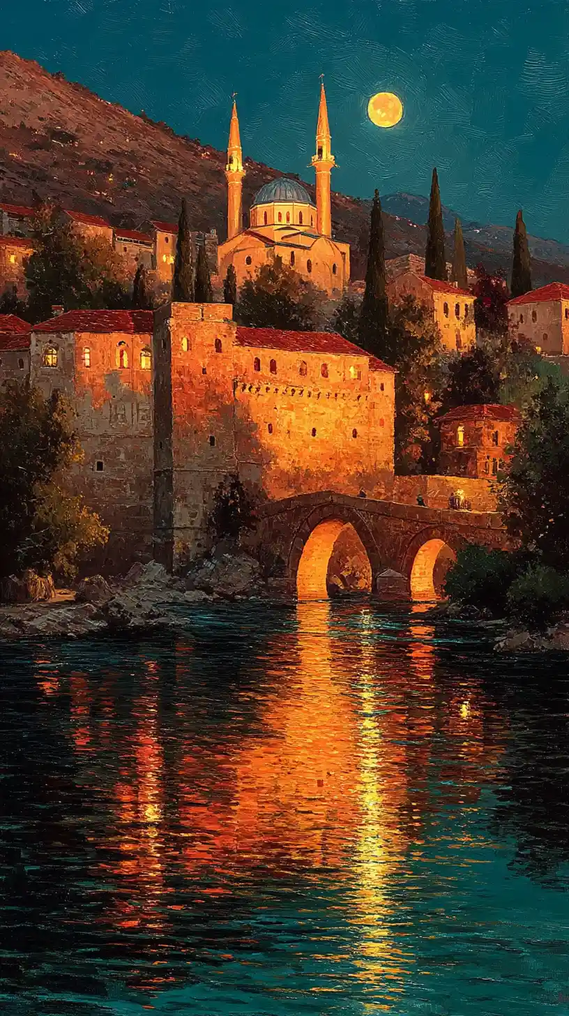 Golden hour view of Trebinje old town by the river
