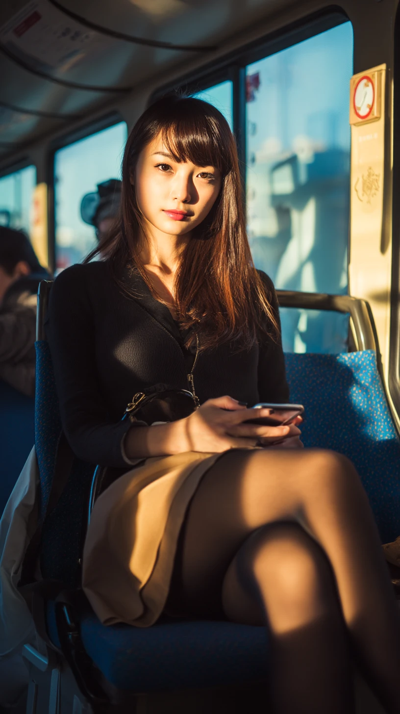 아침 버스에서 햇빛을 받으며 스마트폰을 사용하는 아시아 여성