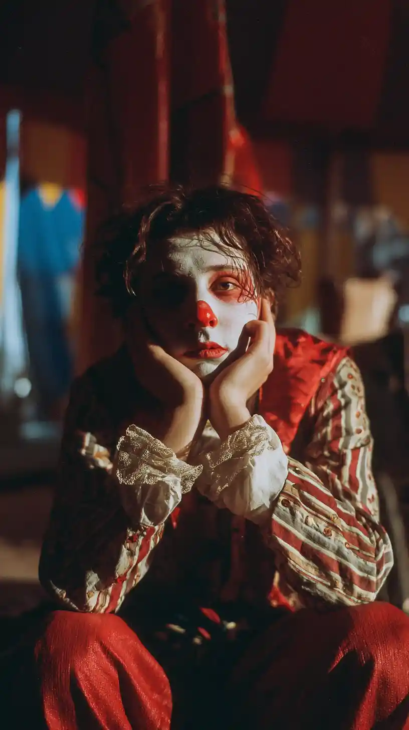 Sad clown resting by the circus ring in warm film light