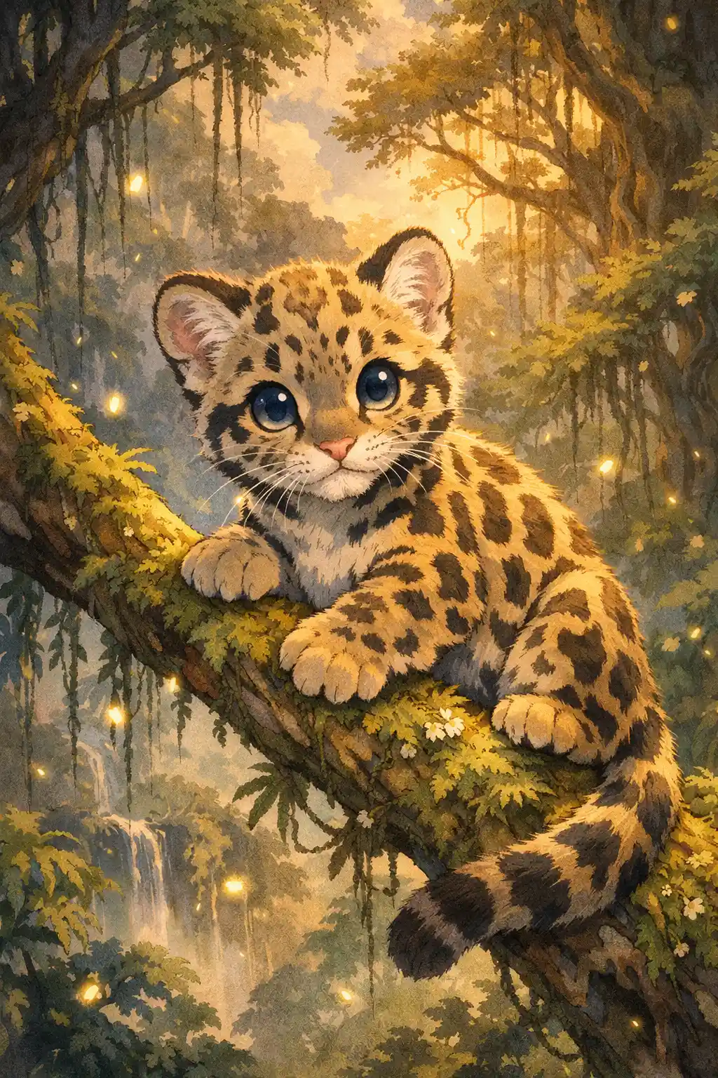 Cucciolo di leopardo nebuloso su ramo muschioso al crepuscolo