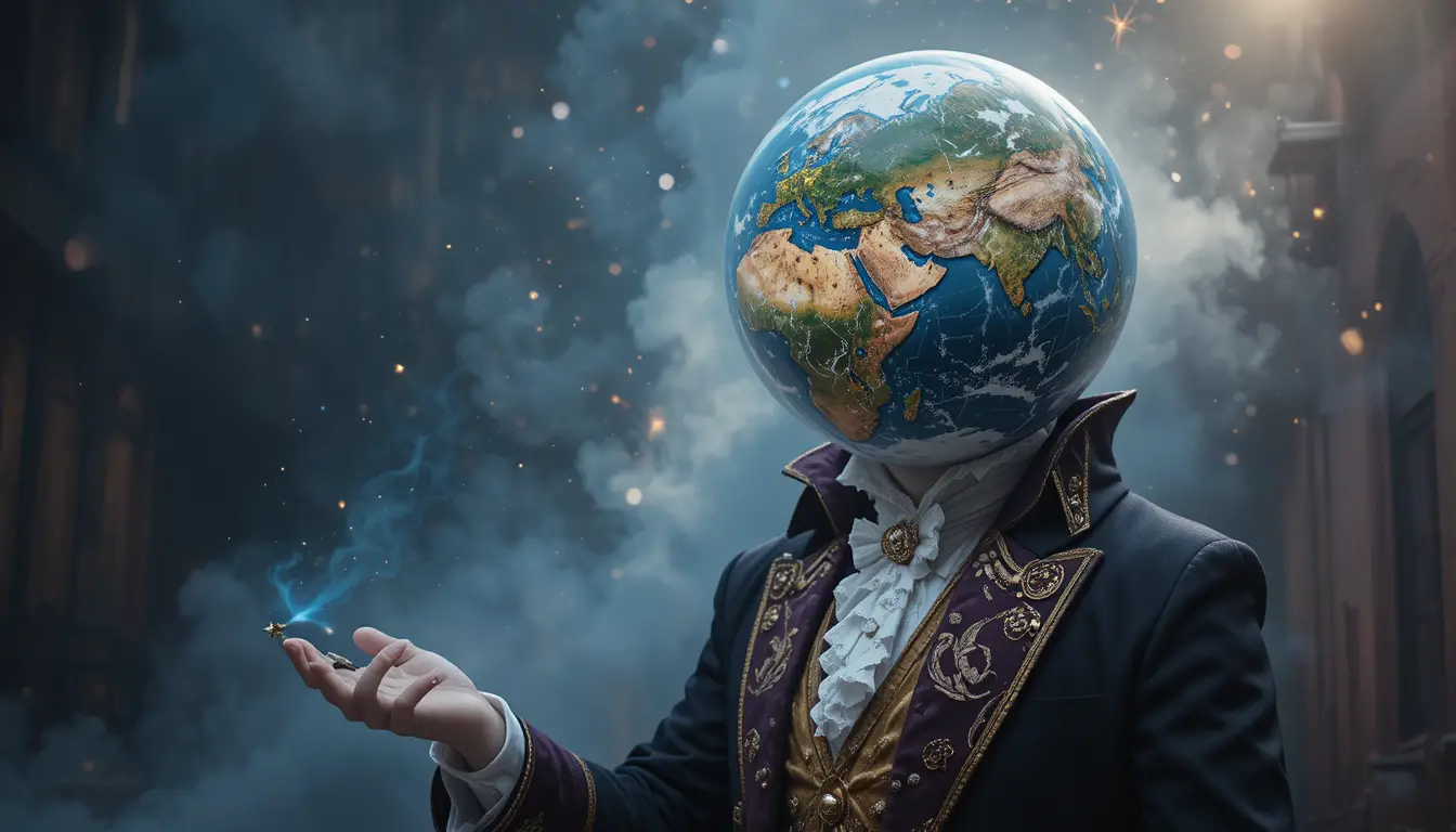 Hyperrealistic Humanoid Earth Head In Magician Costume