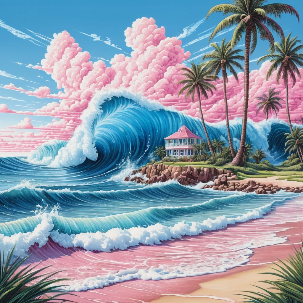 Colorful summer ocean waves and palm trees on the shore