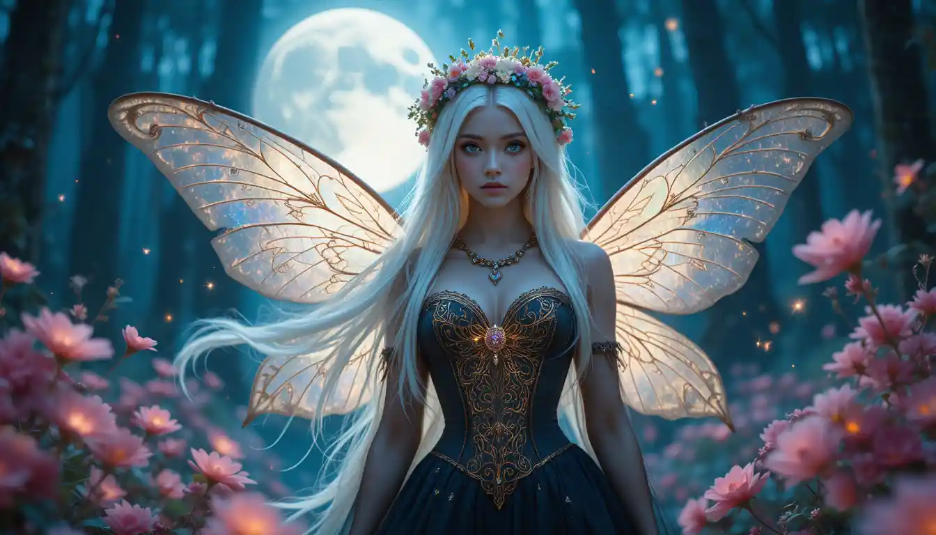 Moonlit forest fairy with glowing iridescent wings