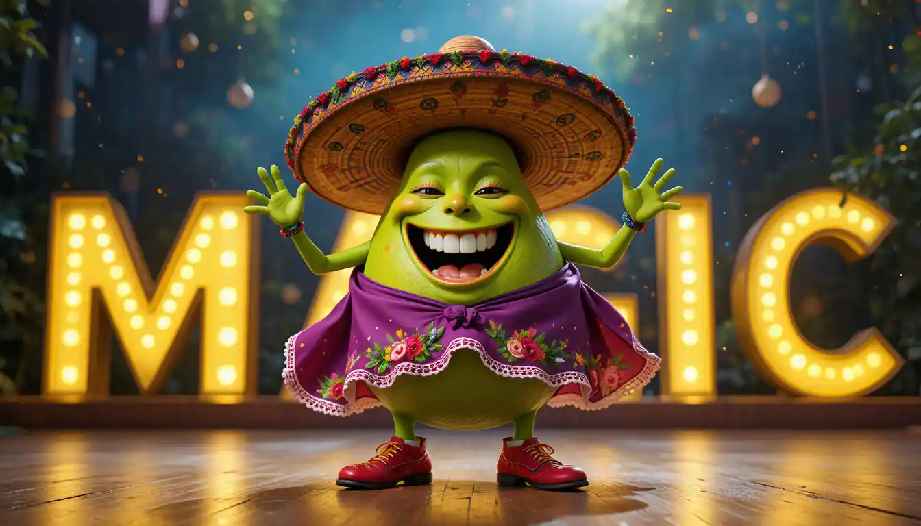 Joyful cartoon avocado magician on a glowing stage