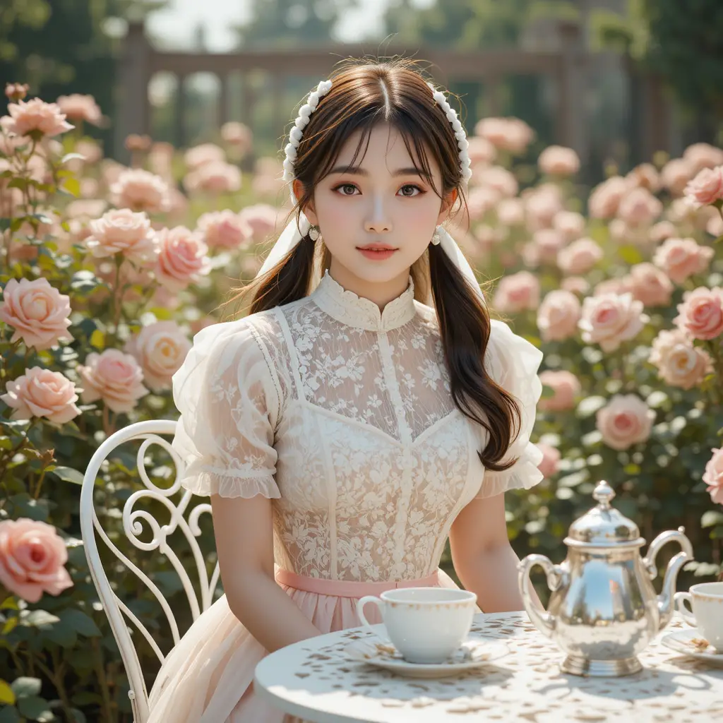 Schüchternes koreanisches College-Mädchen im Spitzenkleid im Rosengarten
