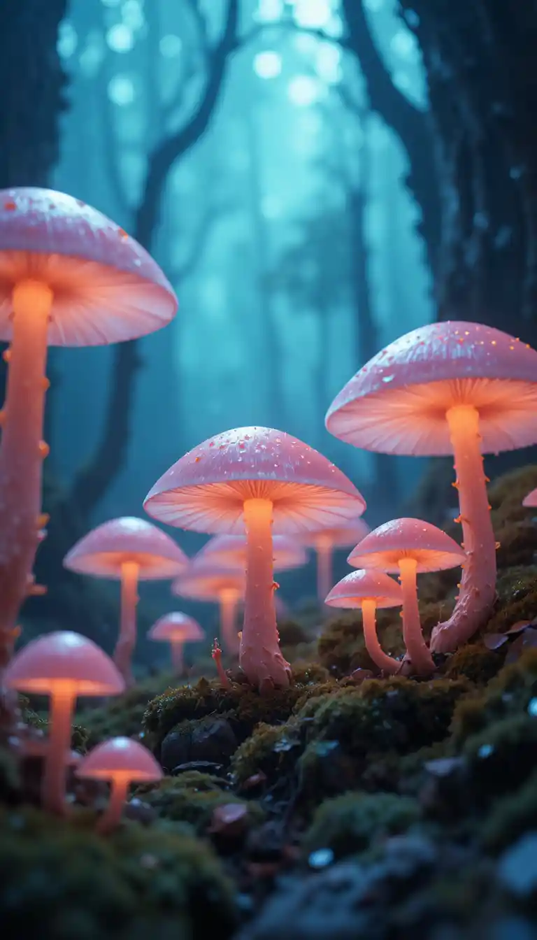 Leuchtende Pilze in einem nebligen, surrealen Fantasy-Wald