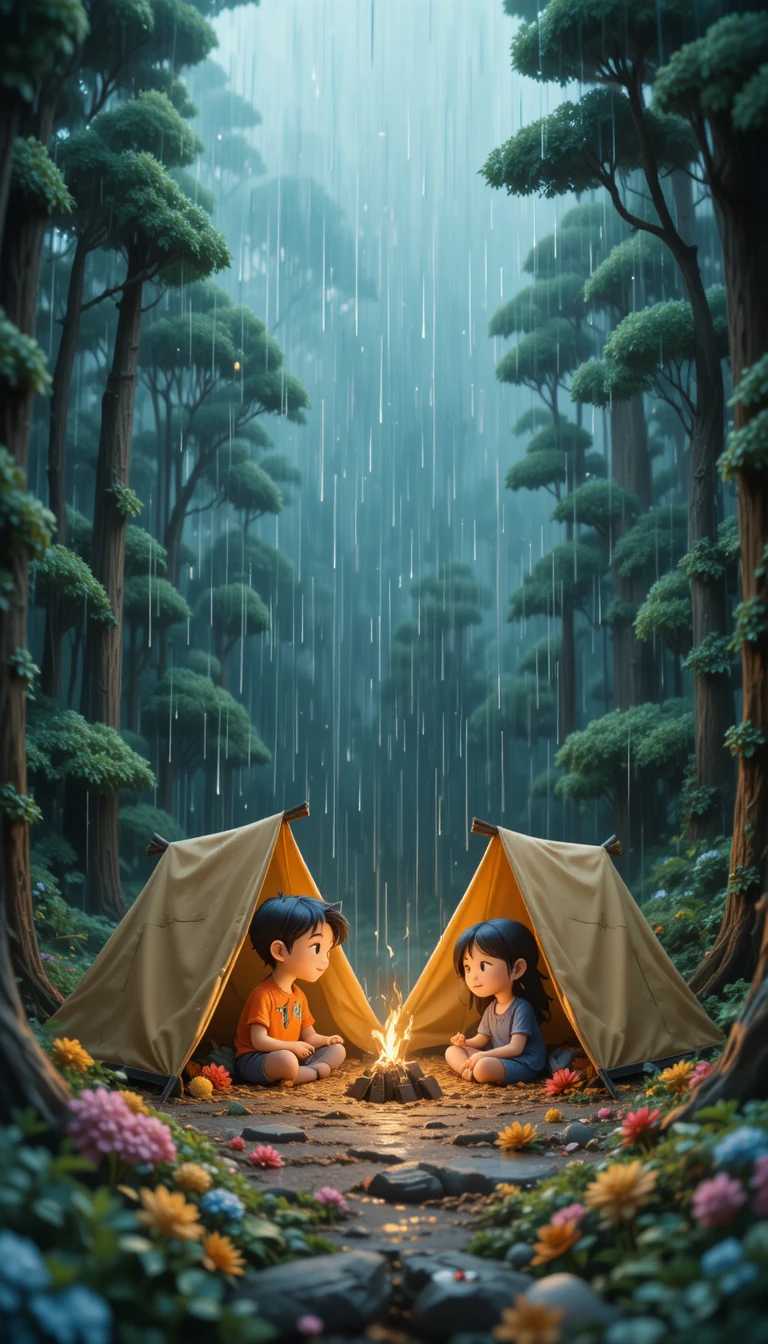 Childlike clay camping tents in a rainy forest