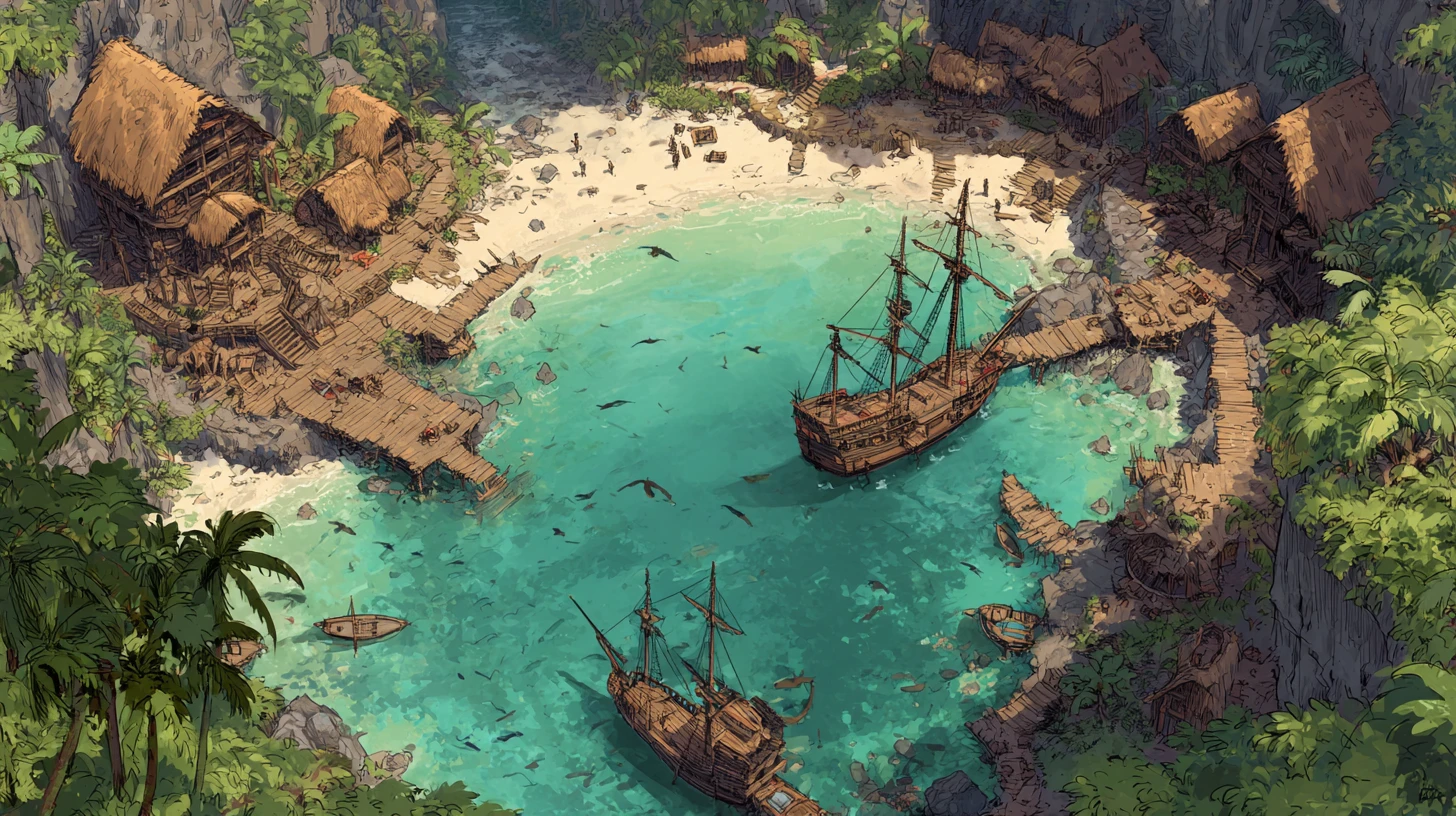 Dramatische Piratenbucht mit Schiffen im klaren Wasser vor Anker