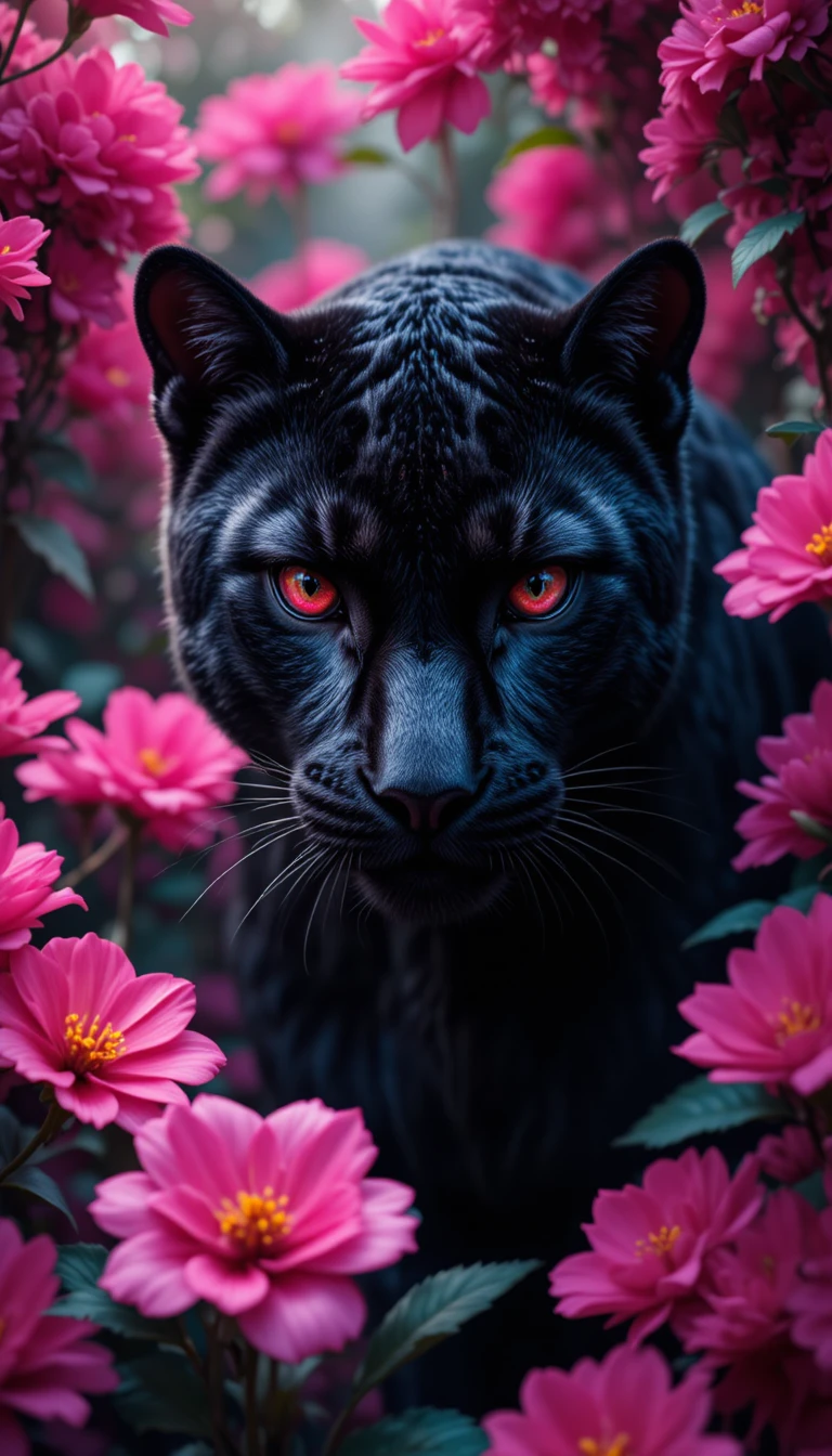Black panther with red eyes in vibrant fantasy jungle