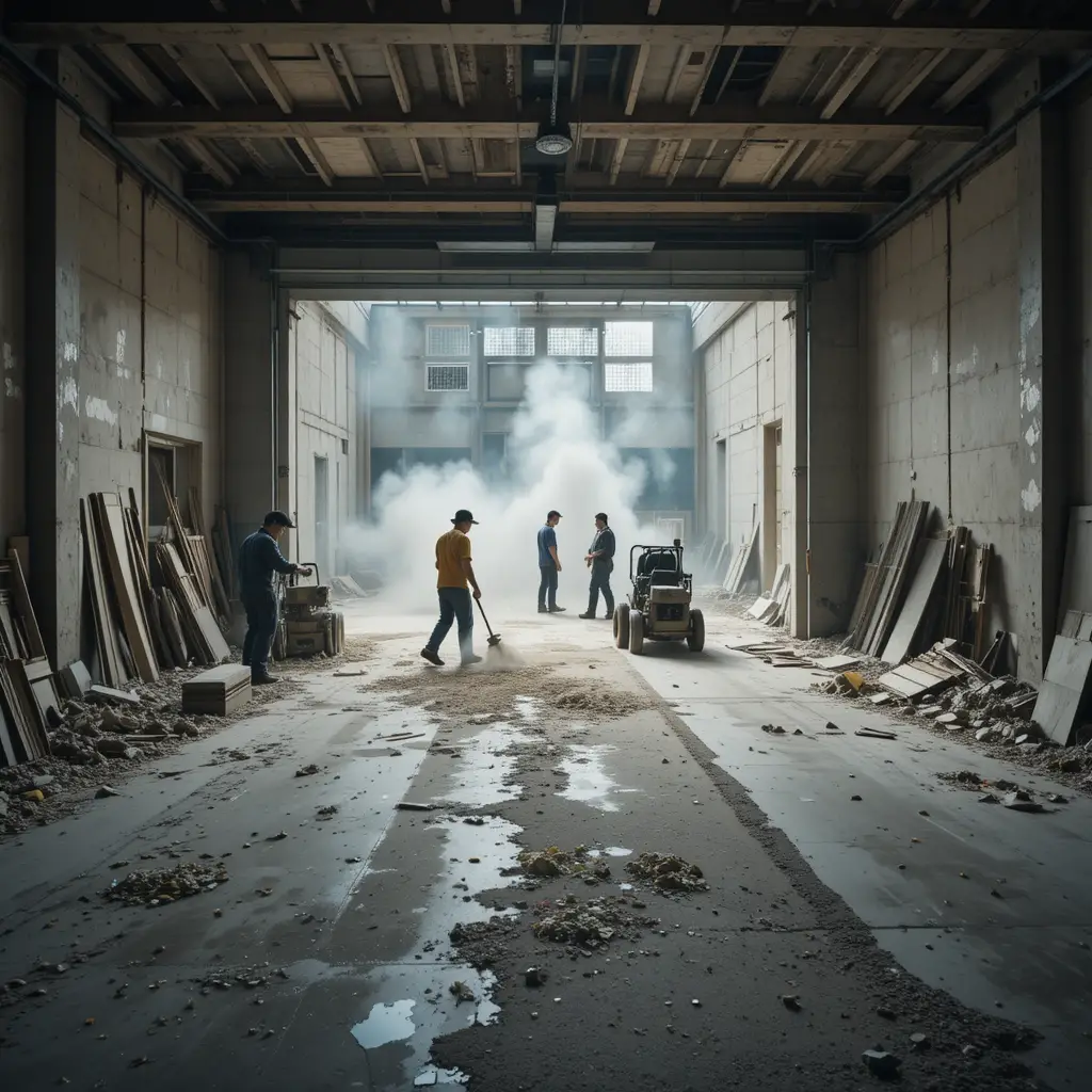 Wide timelapse view of workers grinding a garage floor