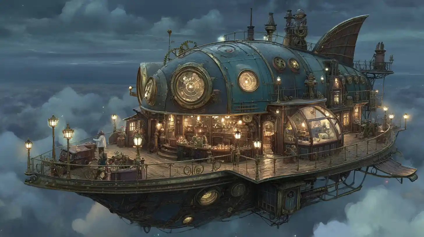 Taverna em Dirigível Steampunk Acima das Nuvens com Raposa Mecânica