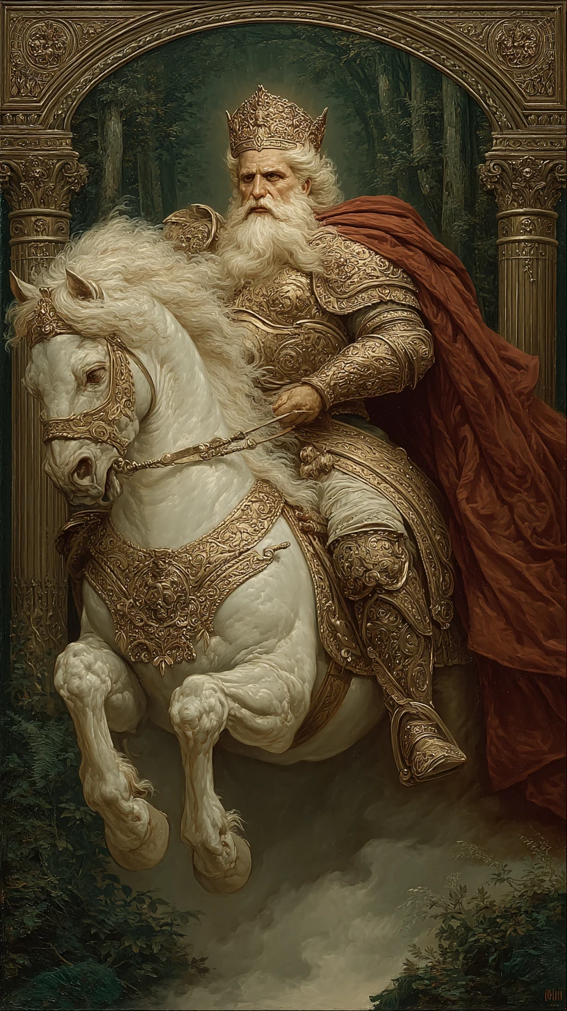 Ancient king on white stallion in enchanted forest