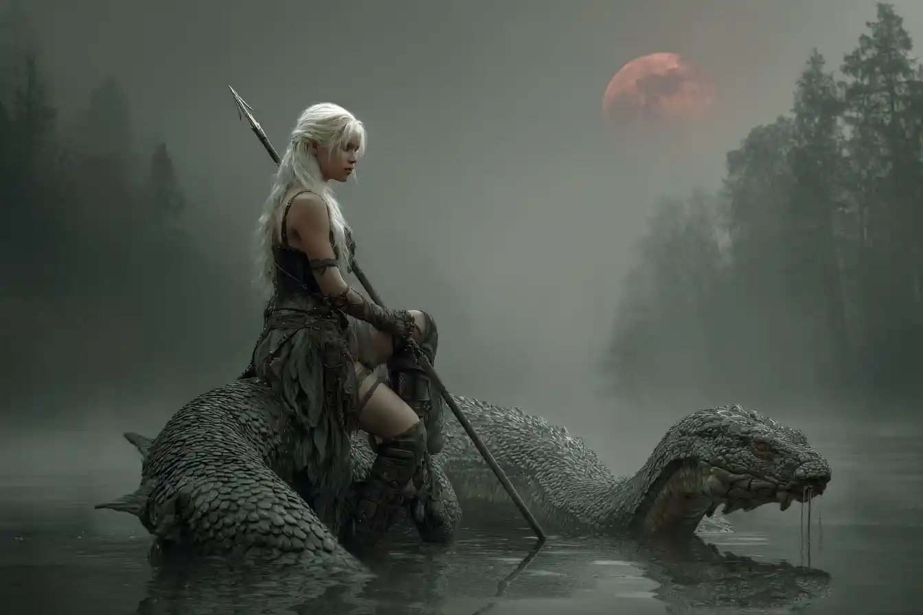 White haired warrior riding a sea serpent in misty swamp