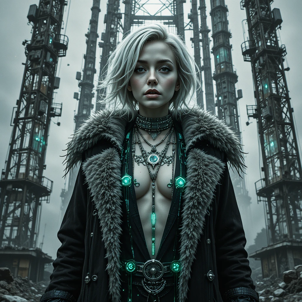 Glitch portrait of a sci fi woman in a signal tower shrine