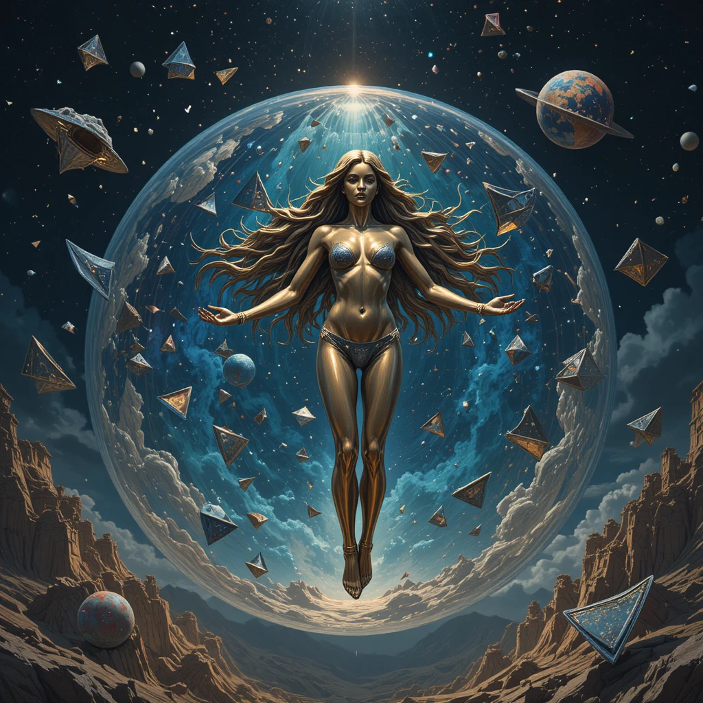 Bronze statue girl with long hair flying through cosmic space