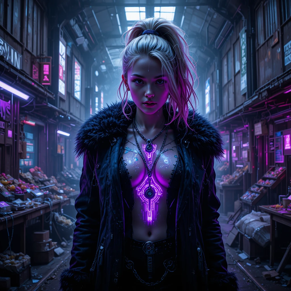 Cyberpunk woman in a stormy industrial coastal terminal