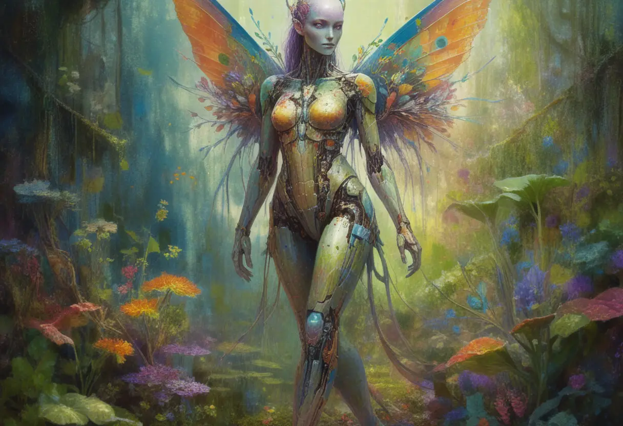 Abstract cyborg fae woman walking through a strange garden