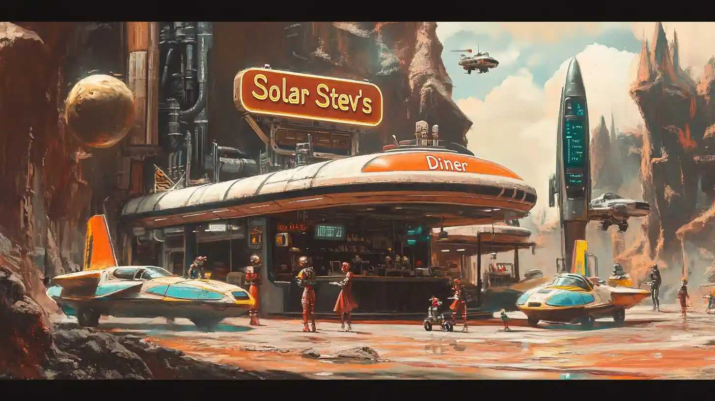 Diner coloré sur station spatiale avec serveuses à bottes-fusées