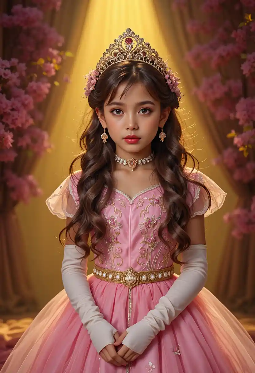 Anxious tween in colorful dress under bright stage spotlight