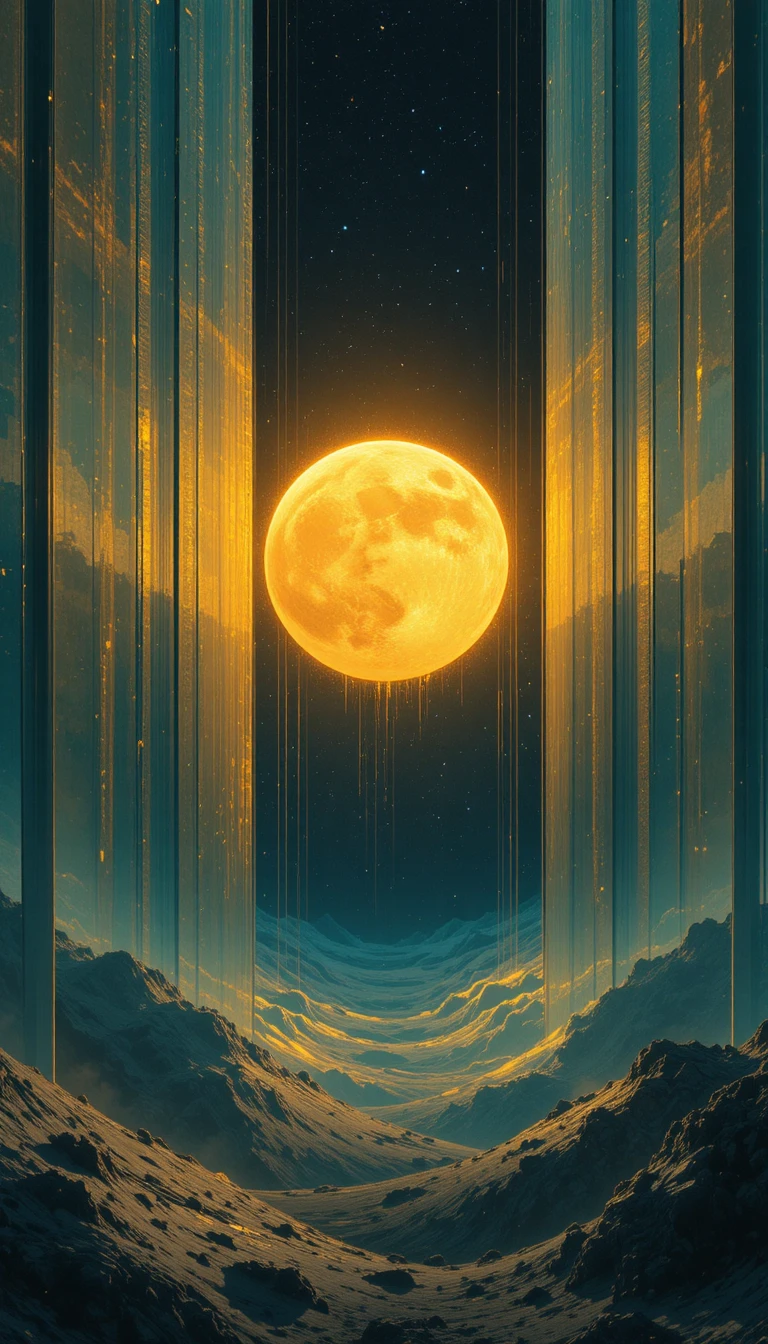 Glowing orb in abstract golden and turquoise digital space