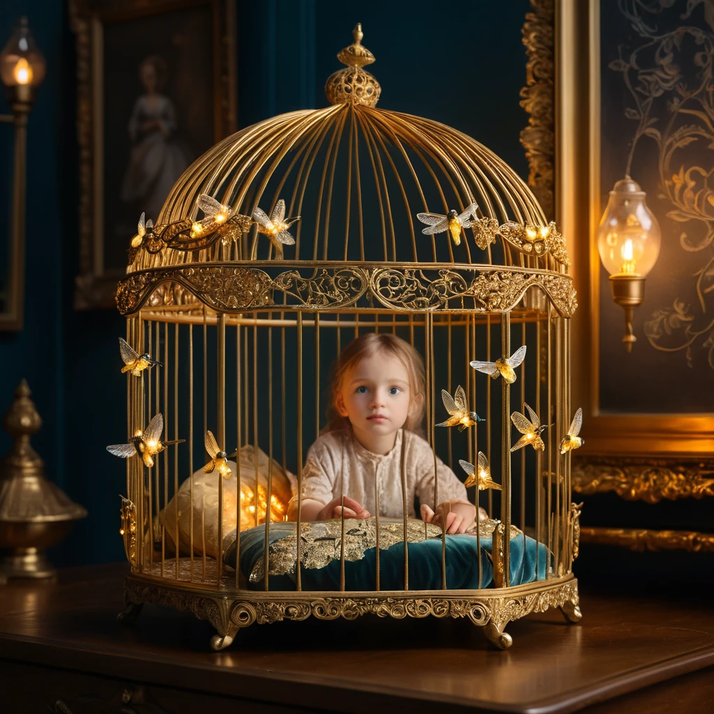 Child gazing at glowing fireflies in ornate golden birdcage