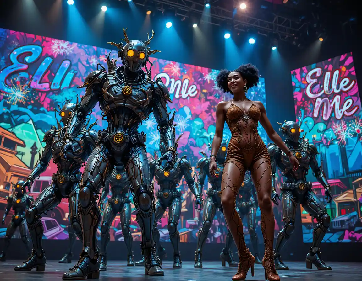 Futuristic robotic dancers performing under dramatic stage lights