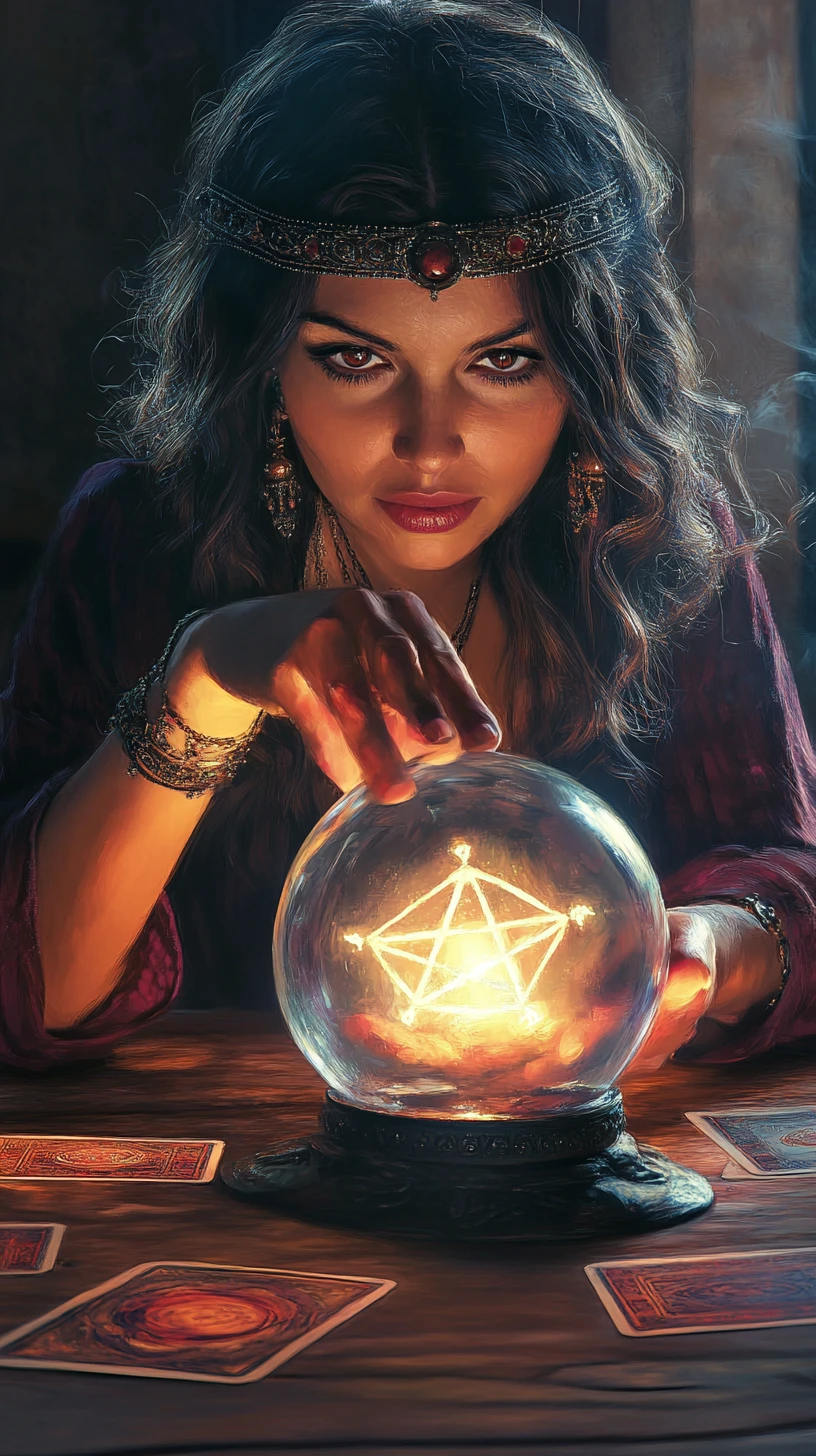 Mystical fortune teller gazing into glowing crystal ball
