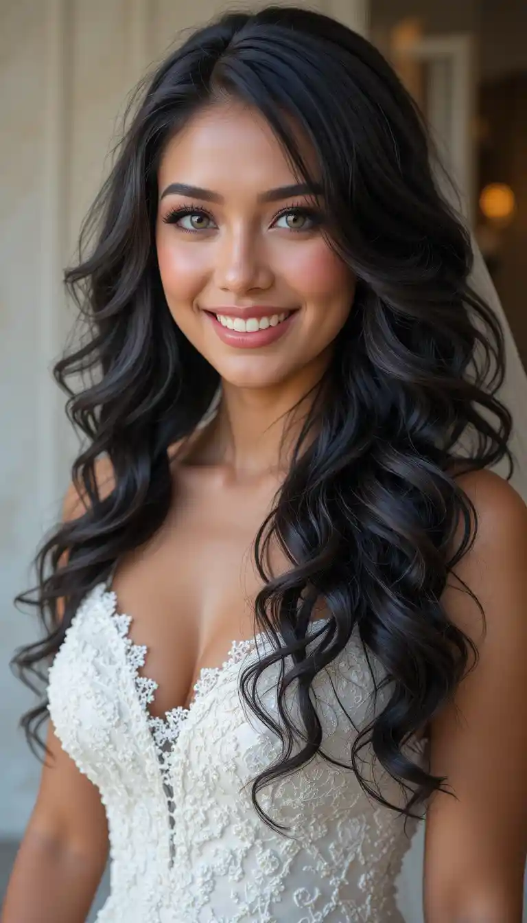 Smiling black haired bride in an elegant white wedding dress