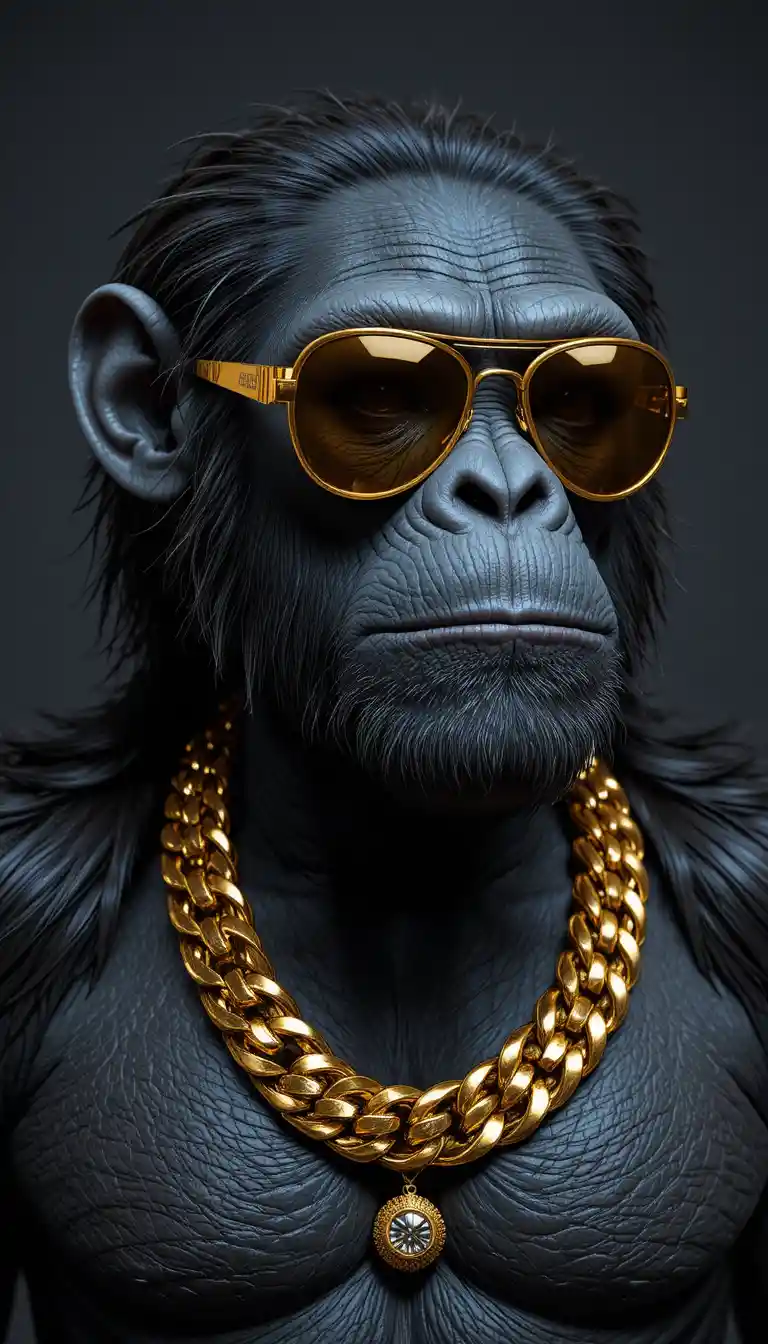 Stylish chimpanzee in gold jewelry with reflective shades
