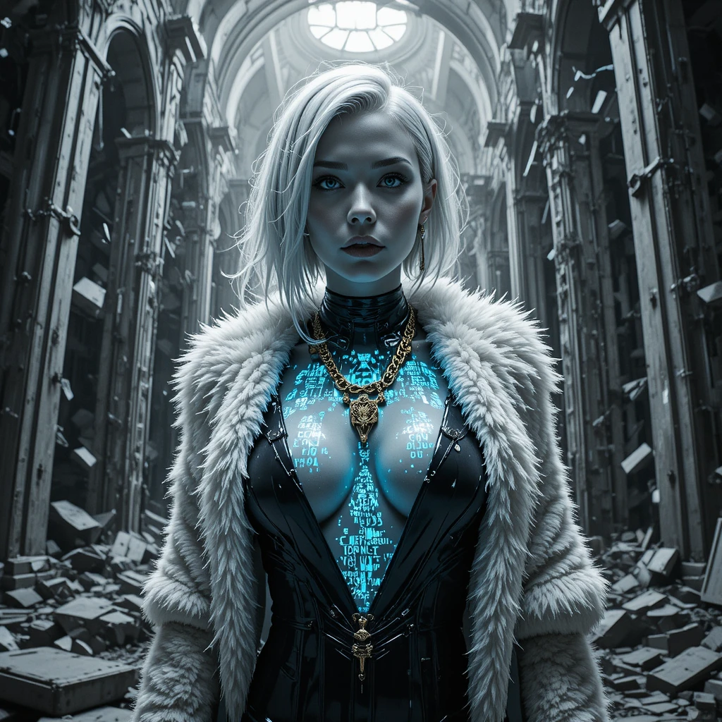 Cinematic cyberpunk heroine in collapsing orbital data cathedral