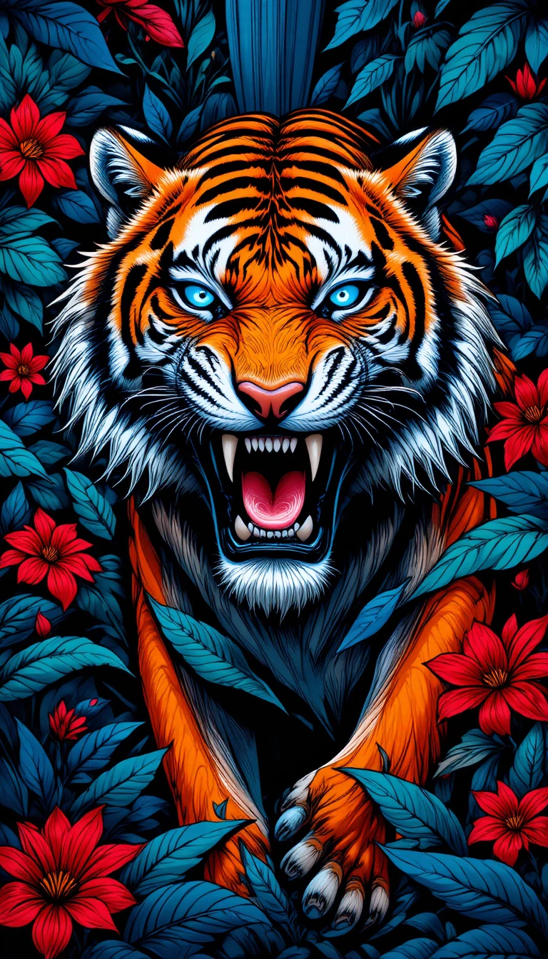 Fierce blue eyed tiger in a vibrant jungle scene