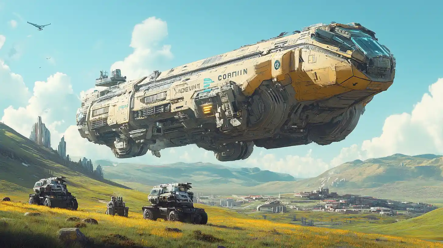 Gigantic tan cargo spaceship landing by small outpost town