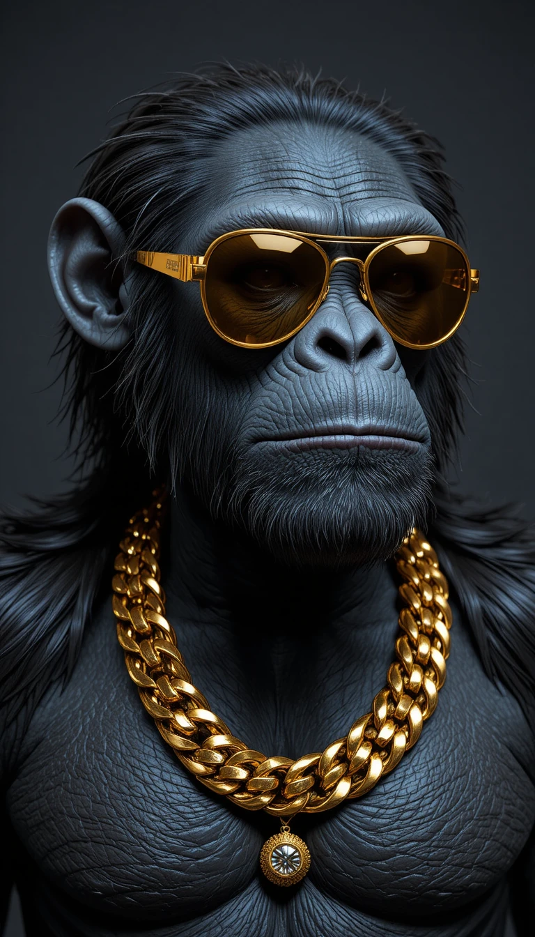 Stylish chimpanzee in gold jewelry with reflective shades