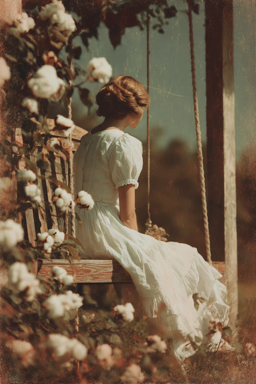 Woman sitting alone on a quiet front porch swing